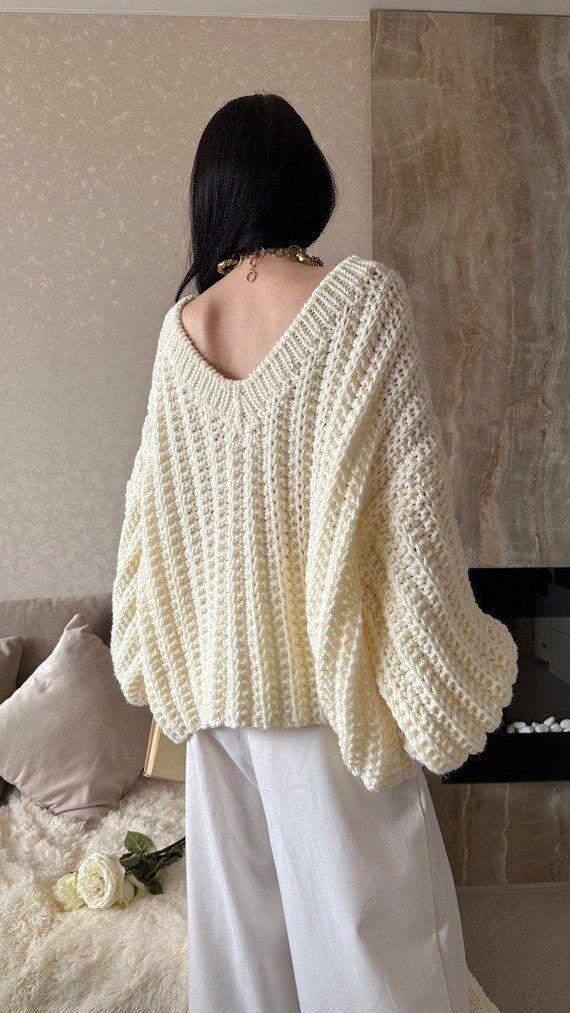 Cream chunky knit sweater Oversized V neck sw...
