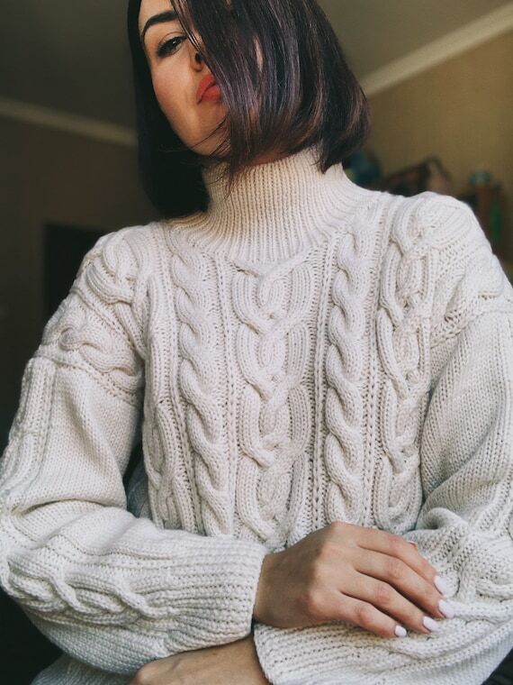 White aran sweater Hand knit merino wool swea...