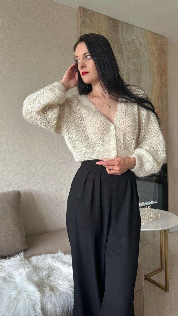Cropped handmade cardigan White mohair cardig...