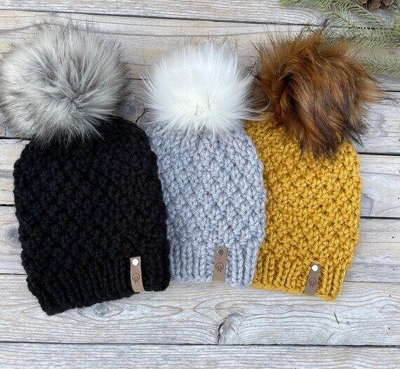 Handmade Popcorn Knit Beanie with Faux Fur Po...