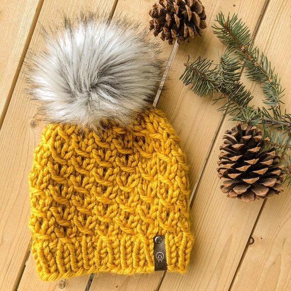 Hand Knit Mustard Yellow Beanie: Chunky Knit ...