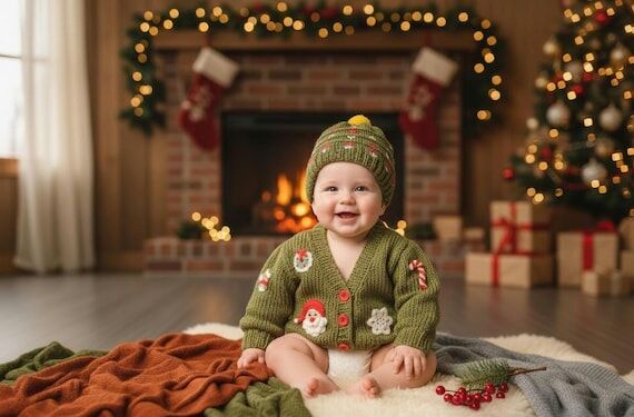 Handmade Knit Baby Christmas Cardigan and Hat...