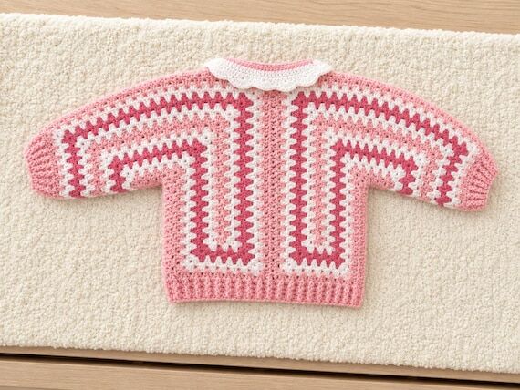 Pink Crochet Baby Cardigan, Handmade Collared...