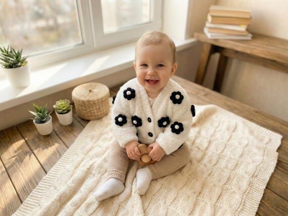 Personalized Baby Cardigan, White Knit Sweate...
