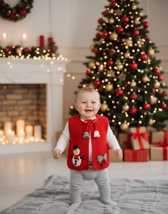 Red Christmas Baby Vest, Snowman and Holly Ha...