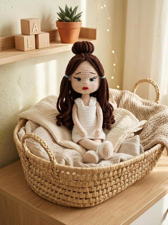 Handmade Crochet Doll, Brown Hair Amigurumi i...