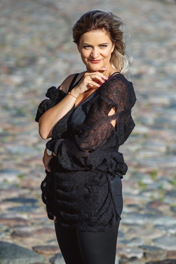 Black mohair scarf, Soft textured knit wrap, ...