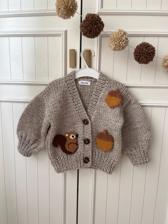 Handmade Baby Cardigan, Autumn Squirrel & Aco...