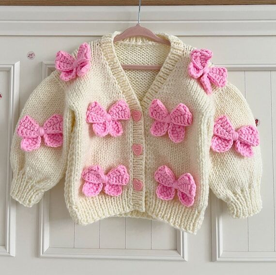 Handmade Knit Baby Cardigan, Pink Bows, Wool ...
