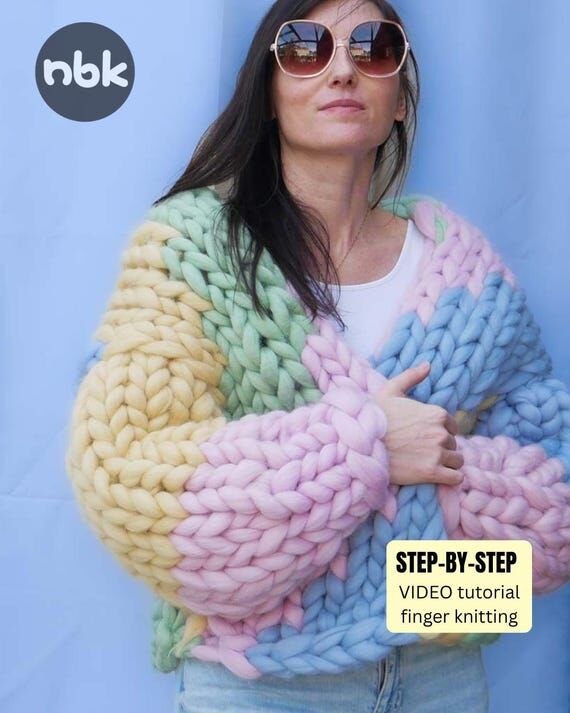 Chunky Cardigan Pattern Finger Knitted Multic...