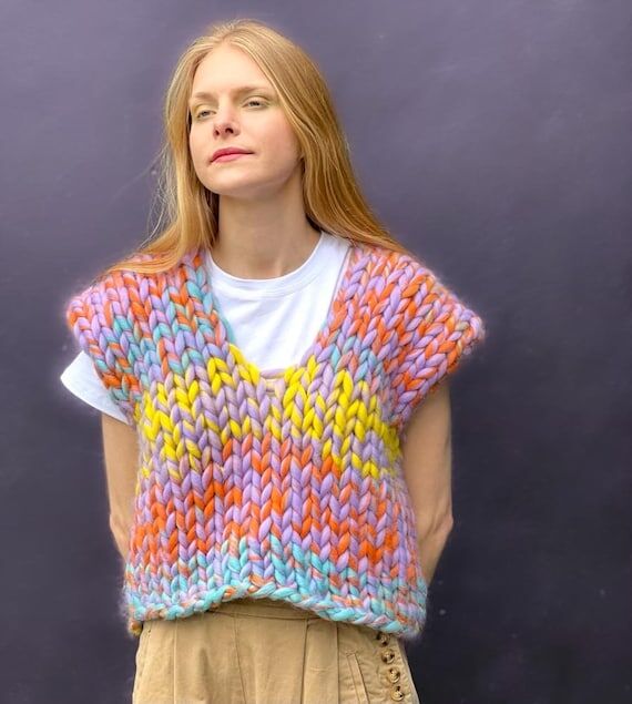 Chunky Knit Sweater vest multicolored giant y...