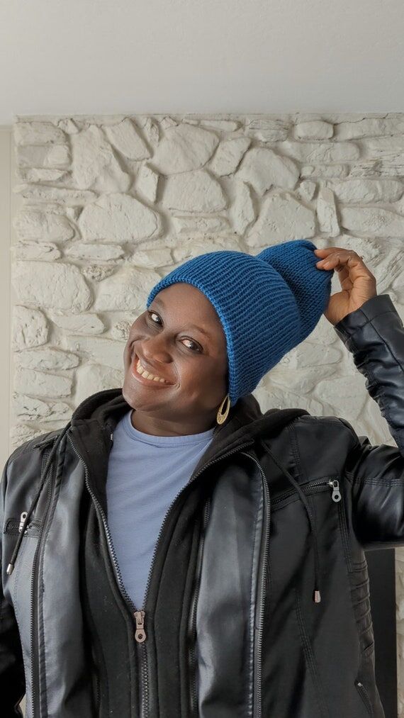 Handmade Blue Slouchy Knit Hat: Wool Blend Be...