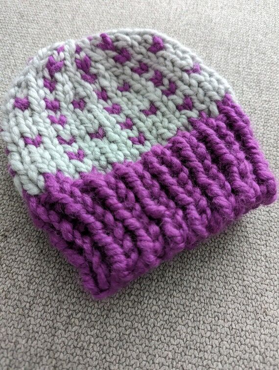 Handknit Fair Isle Beanie: Silver Grey & Purp...