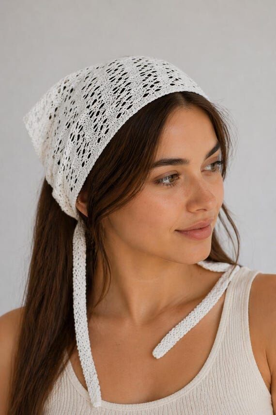 Cotton Lace Head Scarf Knit Bandana Triangle ...