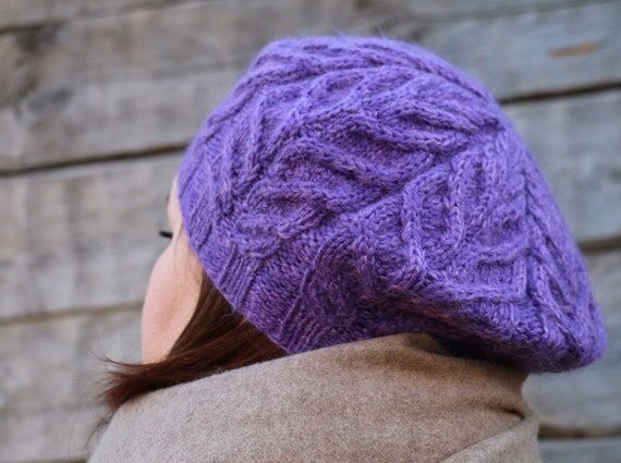 Women knitted beret Wool purple cable beret W...