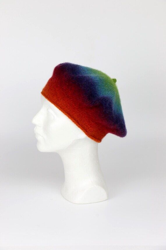 Rainbow Knit Beret: Slouchy Wool Tam - Scandi...