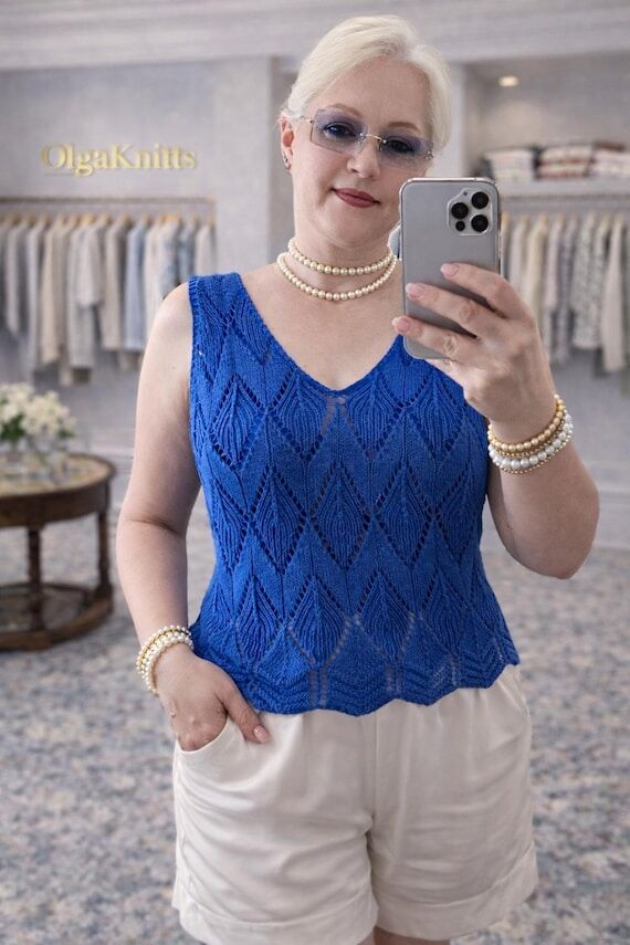 Handknitted Blue Fine Cotton Knitted Top, Lig...