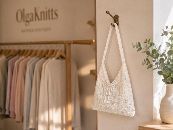 Knitted White Cotton Bag, Small Handknit Ecru...
