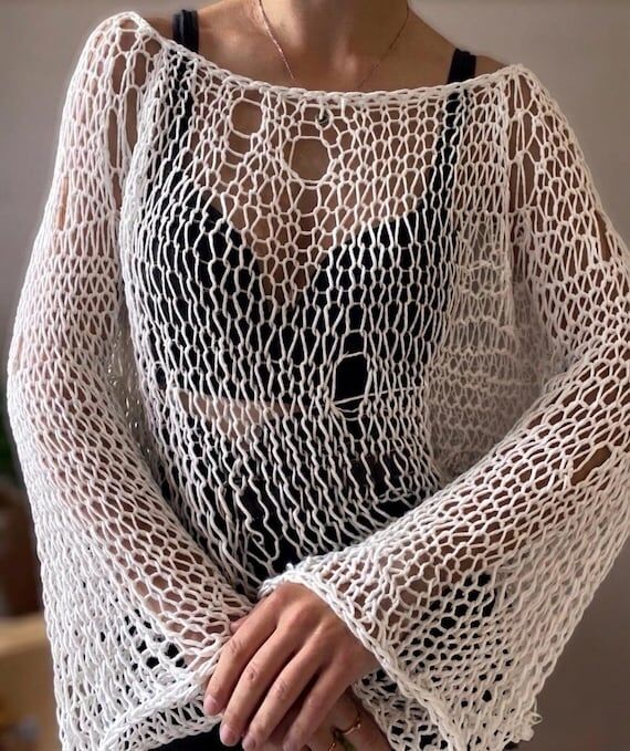 Handmade Cotton Beach Sweater | Open Knit Loo...