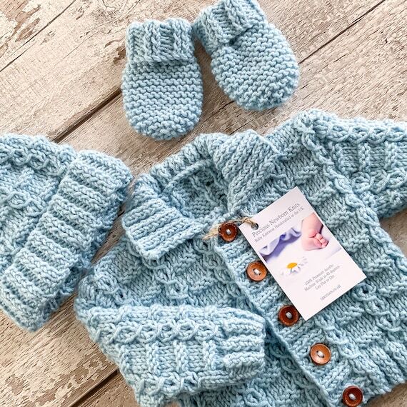 Hand Knitted Baby Boy Coming Home Outfit, Blu...
