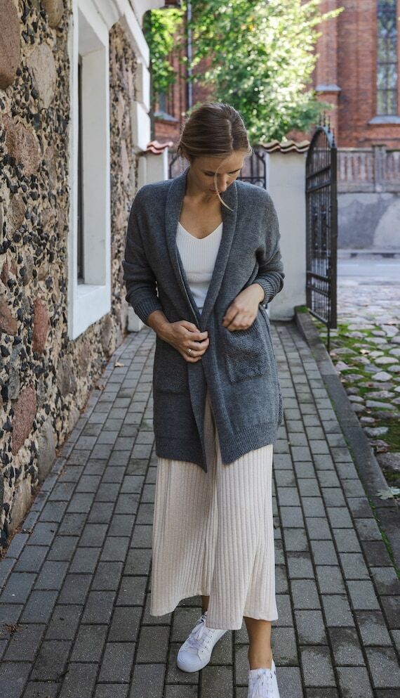 Handmade long open front cardigan with pocket...