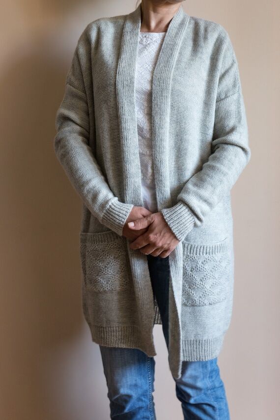 Alpaca wool cardigan, Light grey knitted card...