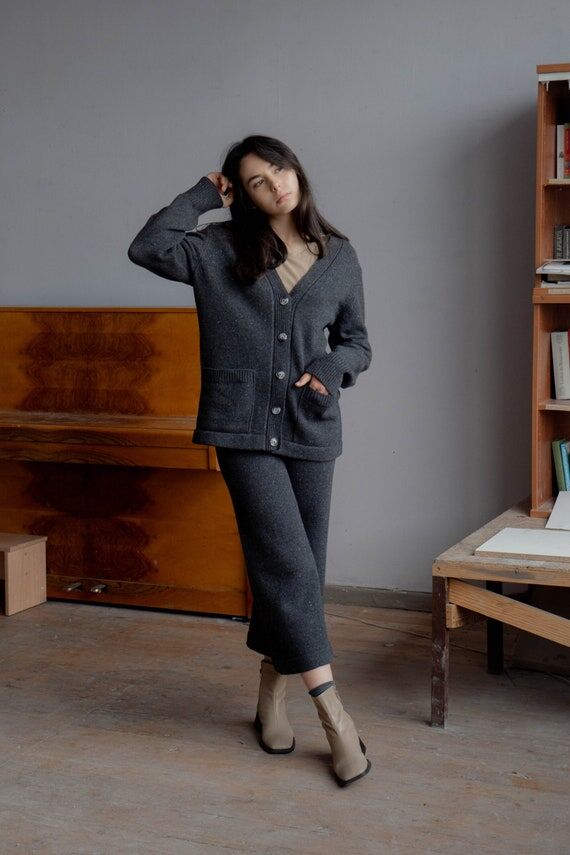 Wool Cardigan with Pockets: Tweed Knit Sweate...