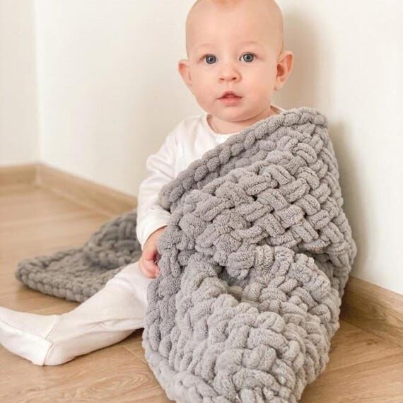 Chunky Knit Blanket, Handmade Baby Blanket, S...