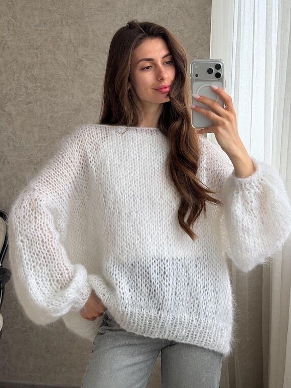 White Mohair Spiderweb Sweater, Sheer Lightwe...