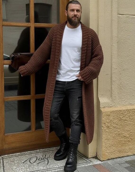 Men’s Long Chunky Knit Cardigan, Handmade O...