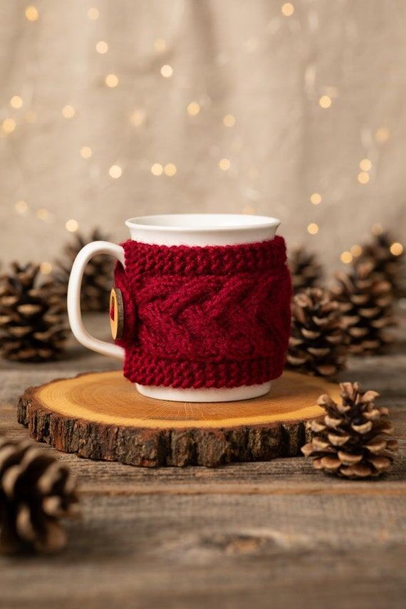 Cup Cozy in Bordeaux, Knitted Mug Cozy, Coffe...