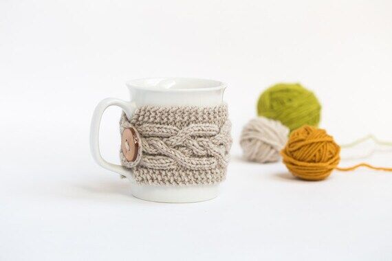 Cup Cozy in Beige Melange, Knitted Mug Cozy, ...