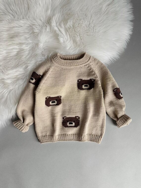 Handmade Merino Wool Knit Baby Sweater: Bear ...