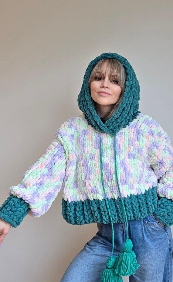 Chunky Knit Hoodie, Oversized Color-Block Pol...