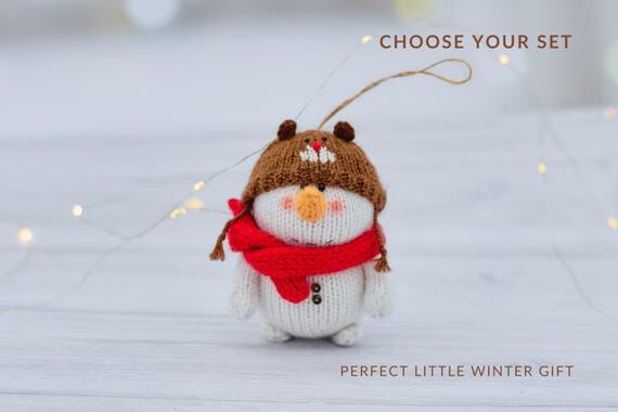 Handmade Knitted Snowman Ornament with Bear H...