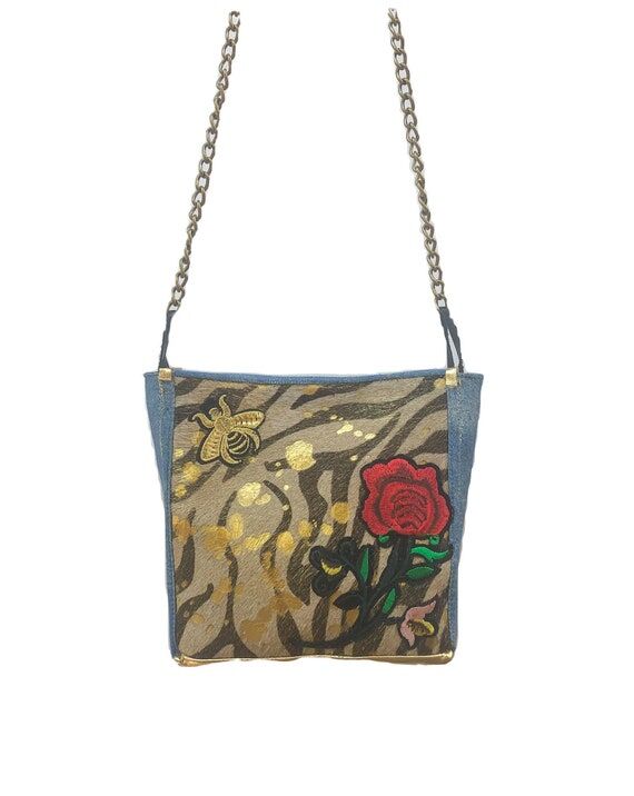 Zebra Cowhide Mini Shoulder Bag, Denim Lambsk...