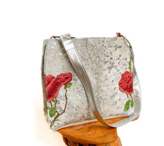 Embroidered Rose Cowhide Shoulder Bag, Silver...