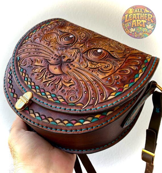 Hand Tooled Leather Cat Bag, Boho Artisan Han...