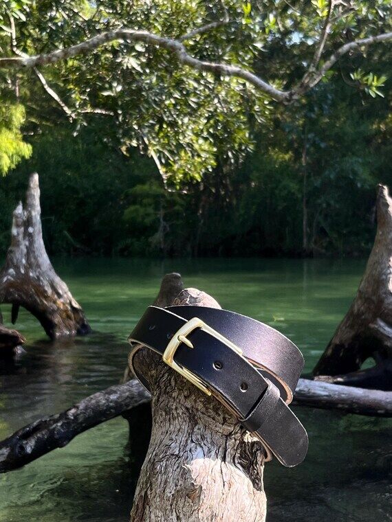 Black Leather Belt Handmade - Vegetable Tanne...