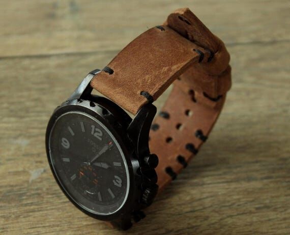 Handmade whiskey Brown Leather Watch Strap - ...