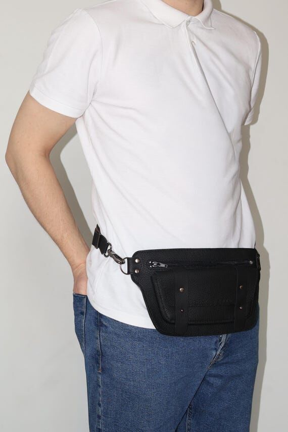 Handmade Black Leather Waist Bag | Italian Le...