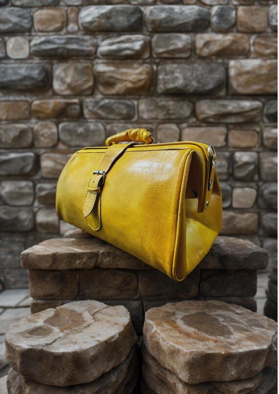 Yellow Leather Doctor Bag, Full Grain Cowhide...