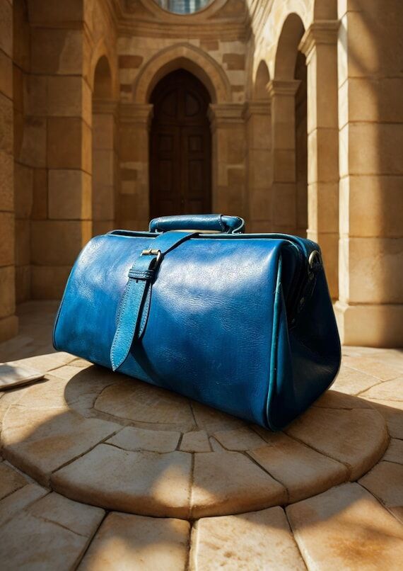 Turquoise Leather Doctor Bag, Handmade Vintag...
