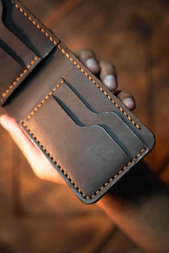 Handmade Leather Bifold Wallet Hand Waxed Bur...