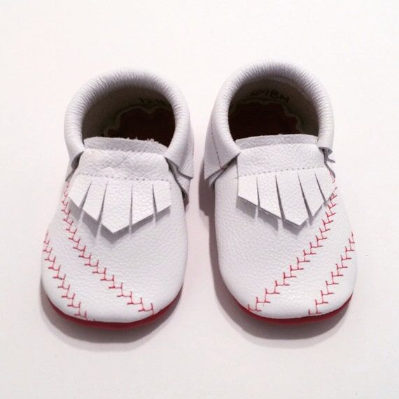 Baseball Leather Baby Moccasins, Red Stitch, ...