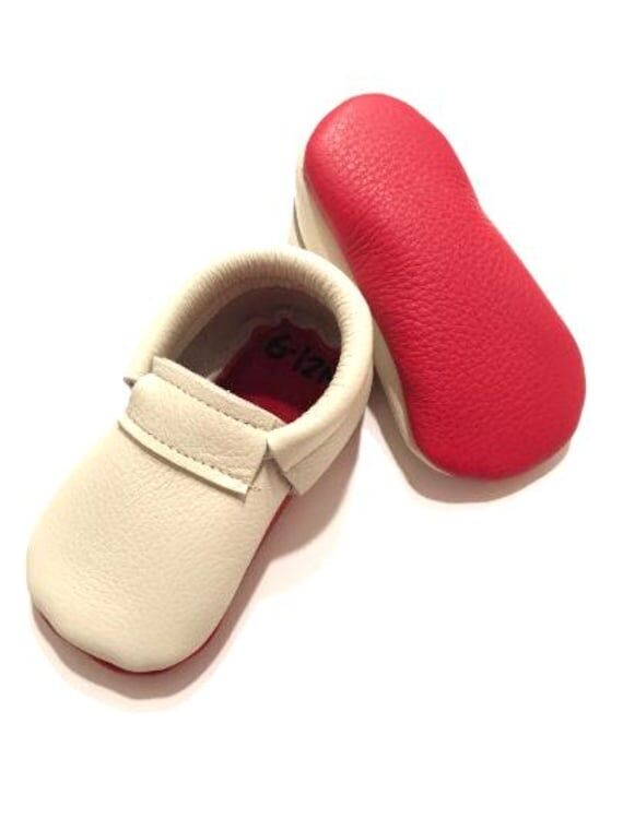 Handmade Ivory Leather Baby Moccasins, Red Bo...