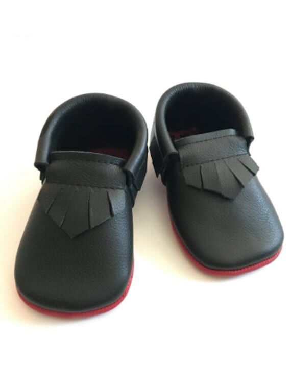 Red Bottom Black Leather Baby Moccasins, Frin...