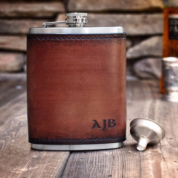 Monogrammed Leather Wrapped Flask - Personali...
