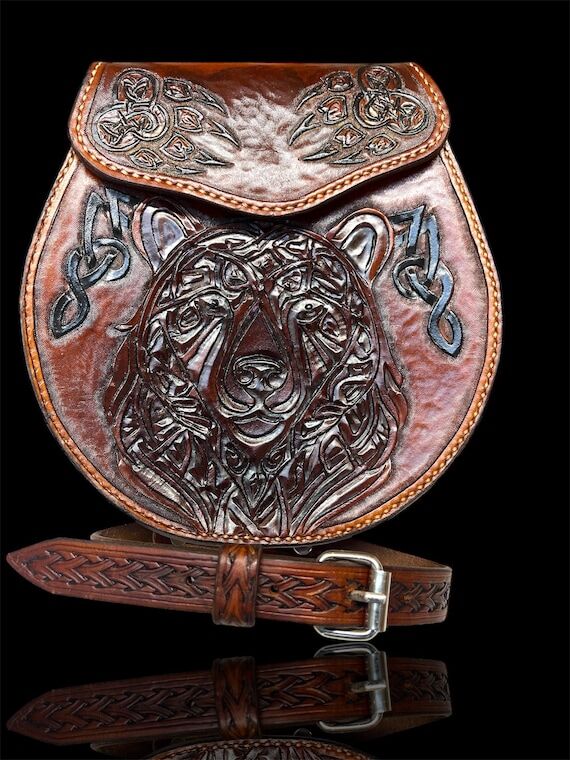 Custom Handmade Leather Sporran Celtic Bear B...