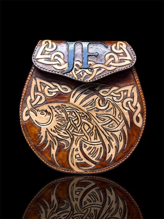 Custom Handmade Leather Sporran Celtic Fish B...